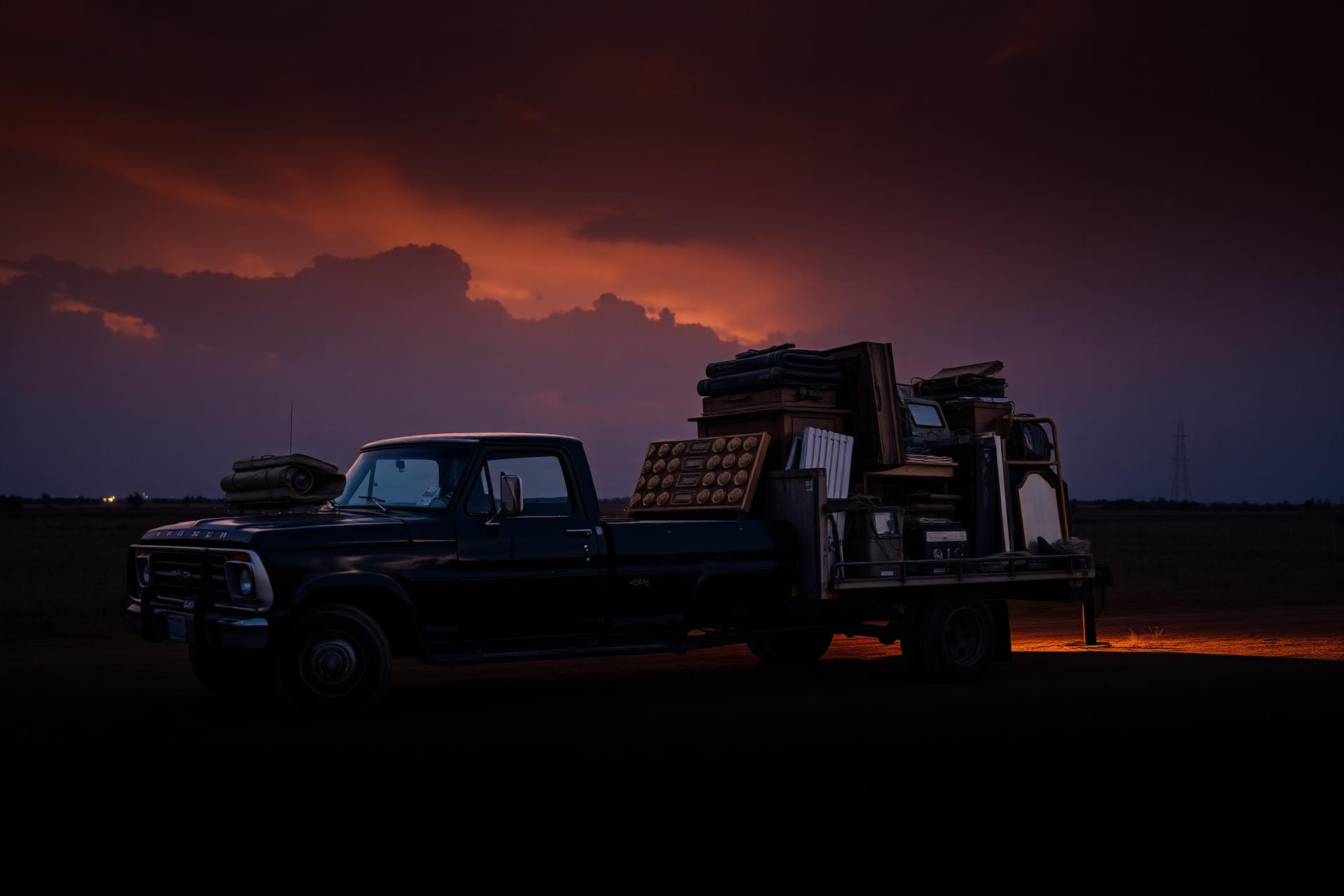 Truck loaded with junk at Texas dusk